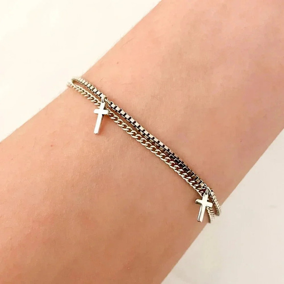 925 Sterling Silver Box Chain Bracelet Dangle Cross Bracelet Dainty Bracelet - Picture 2 of 5
